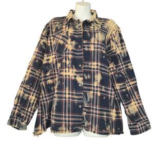 La La Land Womens XL Button Up Shirt Skeleton Bleach Plaid Distressed Hem Grunge